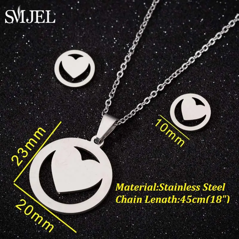 SMJEL Bijoux, колье из нержавеющей стали с сердечком для женщин, золотой цвет, ювелирные наборы, простые свадебные серьги в форме сердца - Окраска металла: Silver Set