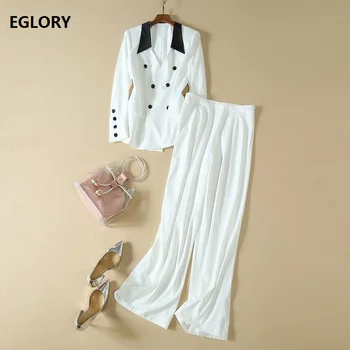 

Elegant Work Suit 2019 Autumn Fashion Women's Set Double Breasted Blazer Jacket+Full Length Long White Pant Sets & Suits 2 piece