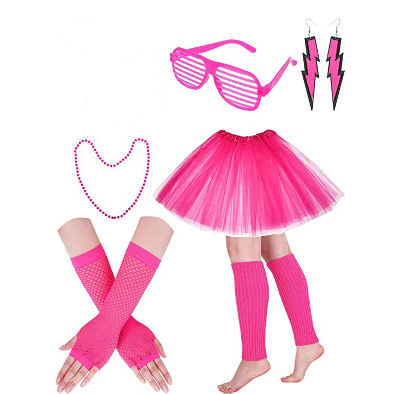 

Cosplay Costumes 80s Costume Set Includes Fishnet Gloves Tutu Skirt Leg Warmer Neon Earrings and for 80s Party Accessories