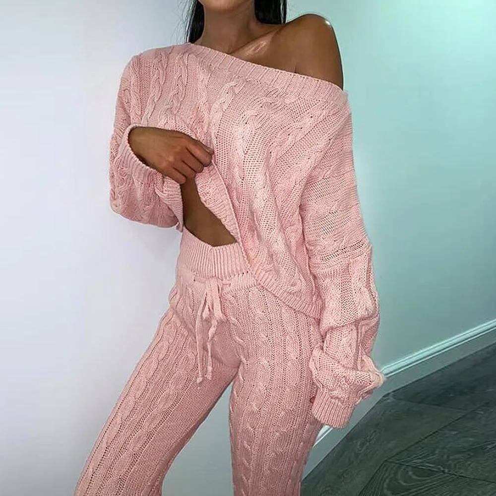 

Women's Casual Knitted 2 Piece Sets Autumn Winter Outfit Long Sleeve Solid Color Sweater Pullover Crop Top And Pants Female Set