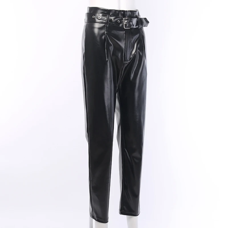 WannaThis Black Faux Leather Straight Pants With Belt Elegant Casual Women Autumn High Waist Streetwear Ladies Vintage Trousers
