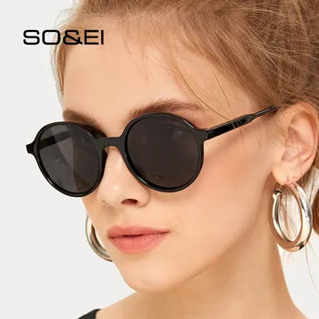 

SO&EI Vintage Round Women Sunglasses Brand Designer Fashion Ins Popular Mirror Reflective Lens Eyewear Men UV400 Sun Glasses