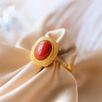 

New silver inlaid artificial imitation South Red Agate Ring Square oval full color Chinese palace style retro women's jewelry