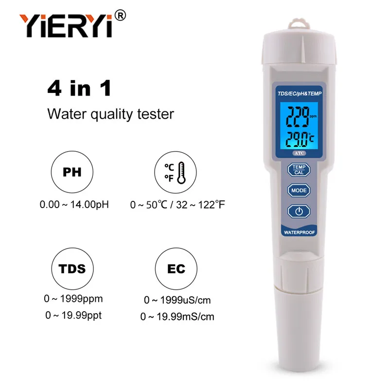 4 in 1 TDS PH Meter Digital Water Quality Monitor Tester For Pools Drinking Water Aquariums