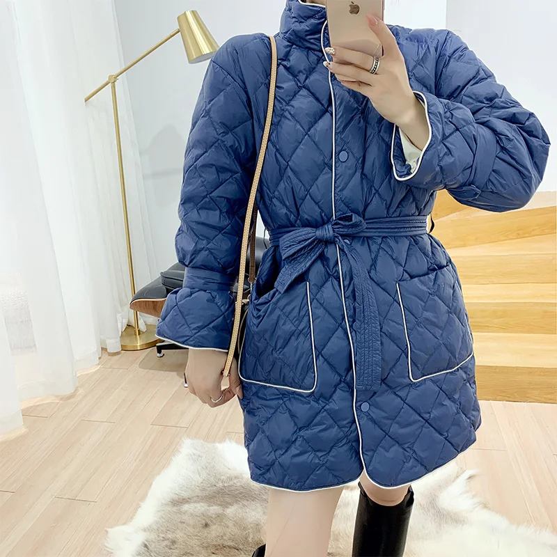 YNZZU Korean Style Spring Winter Mid-Long Light Women's Down Jacket Elegant White Duck Down Coat with Sashes Pockets A1391 - Color: Blue