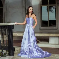 Pruple Satin Strapless Mermaid Evening Dresses Sleeveless Floral Appliques Prom Gown Cos Princess Custom Made Vestidos De Fiesta