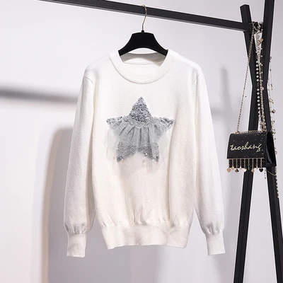 OnlySweater Свитер, комплект из 2 предметов, женский, Осень-зима, новинка, круглый вырез, свободный, пентаграмма, узор, кружево, вышивка, вязанный топ и твидовая юбка с кисточками, комплект - Цвет: OnlySweater