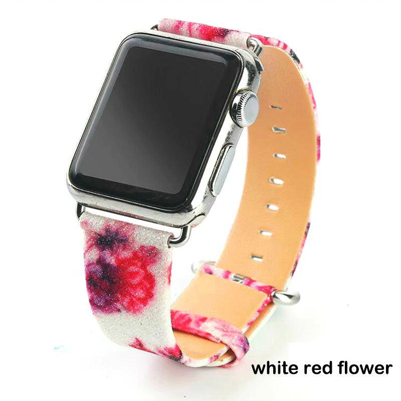 Блестящий кожаный ремешок для Apple Watch 5, 4, ремешок 40 мм, 44 мм, серия 5, 4, ремешок 42 мм, 38 мм, браслет для iWatch 4, 3, 2, 1, браслет - Цвет ремешка: white red flower