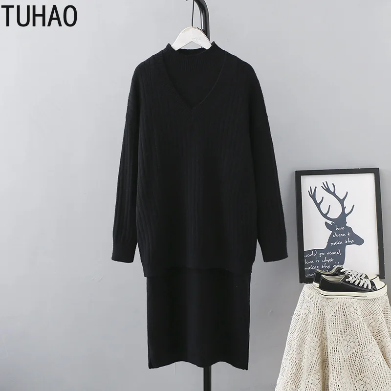 TUHAO, большой размер, 3XL, 2XL, для среднего возраста, для женщин, для офиса, для девушек, повседневный вязаный комплект, Осень-зима, жилет, платье+ свитер, костюм