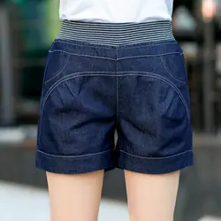 2018 однотонные Лидер продаж эластичная завышенная талия Лето 100% Хлопковые джинсы накладными карманами работы женские шорты
