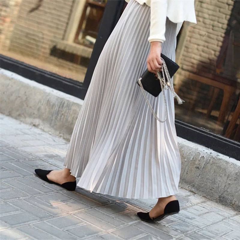 

2019 Women Casual Chiffon Maxi Skirt Spring Autumn Pleated Multi Colors Fashion Flared High Waist Female Long Skirts