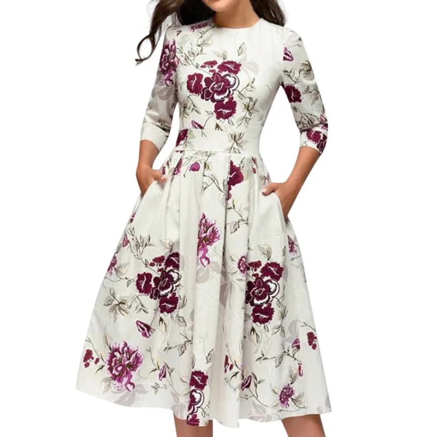 

Women Fashion Sexy Autumn Winter Neck Dress Elegent A-line Vintage Floral Printing Party Vestidos Vintage Dress