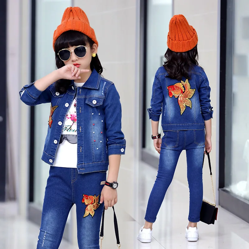 

2019 Kids Clothing Set for Girls goldfish print suit Long Sleeve Jacket+ pant +shirt 3pcs set for 6 7 8 9 12 15 year DX03095