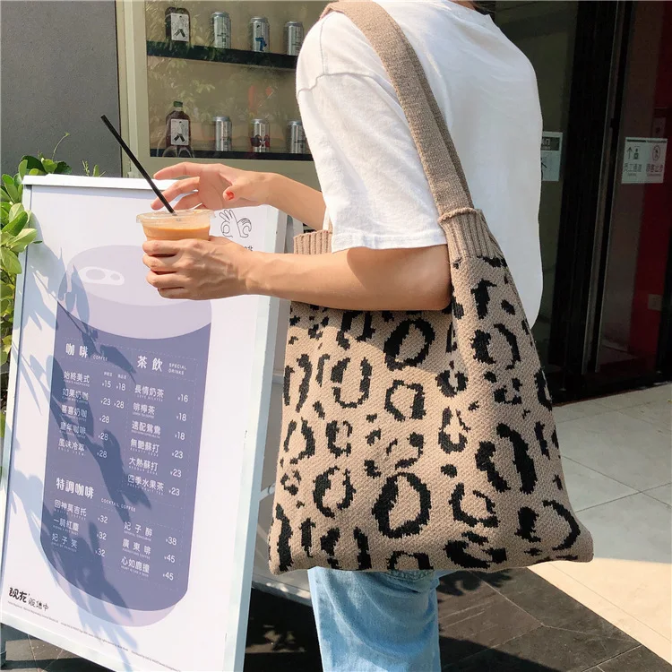 Youda Original Knitting Design Ladies Winter Shopping Handbag Leopard Casual Shoulder Bag Fashion Style Student Simple Tote