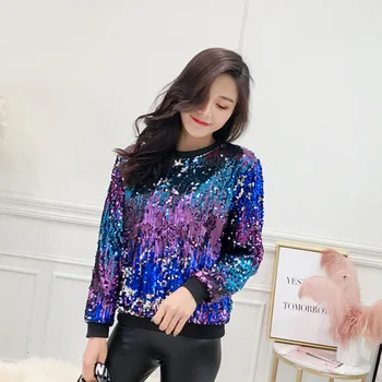 

Hip Hop Girl Long Sleeve Glisten T-shirt Female Stage Dance Show Sequins Top Tees Bling Clothing