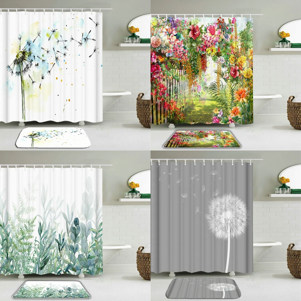 

2pcs/set Dandelion Flowers Plant leave Print Shower Curtain Set Waterproof Bath Curtains Non-slip Mat Toilet Bathroom Floor Mat
