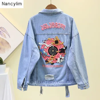 

Autumn Blue Denim Jacket Women Korean Hand-studded Bead Cartoon Holes Cowboy Jacket Female Student Loose Jackets