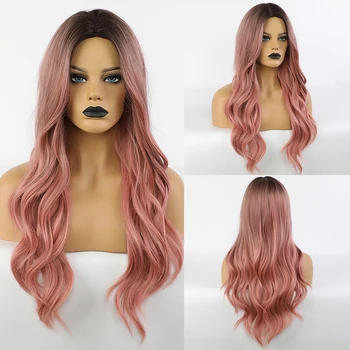 

Emmor High Temperature Cosplay Daily Pink Wig Long Black Root Melt to Pink Natural Wave Synthetic Hair Wigs with Bangs for Women