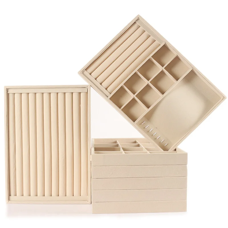 Beige Velvet Jewellery Organizer Storage Box Jewelry Case For Women Watch Holder Necklaces Rings Earrings Pendants Stand Series