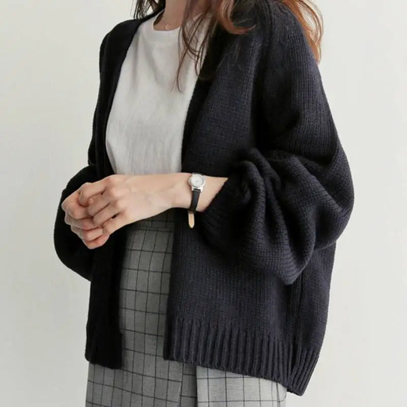 Повседневный свитер с открытой строчкой, однотонная трикотажная одежда, женский кардиган, Женский корейский свободный свитер, Женское пальто 6341 95 - Цвет: Черный