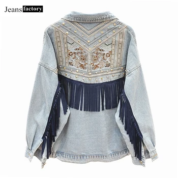 

Women Denim Jackets Embroidered Tassel Boyfriend Loose Black Blue Jeans Jacket Womens New Casual Windbreaker Coat Female Clothes