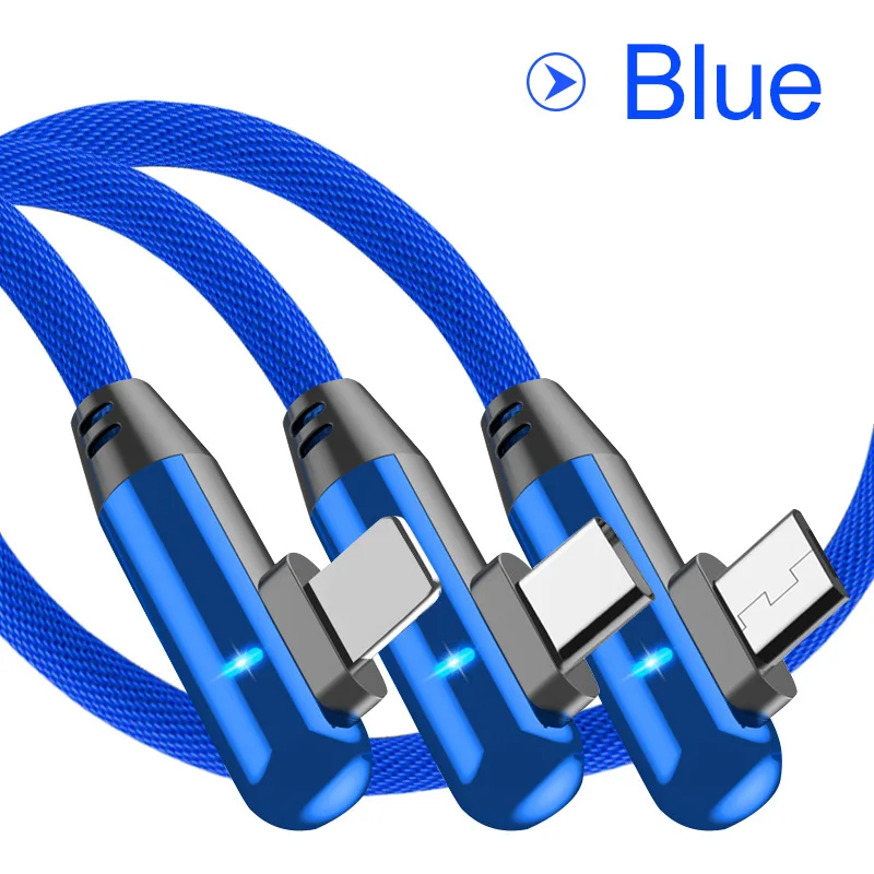 blue 1,2 м 90 градусов локоть умный светильник 3 в 1 USB кабель для быстрой зарядки данных для iOS Android type-c Алюминиевый сплав нейлоновая оплетка - Цвет: blue