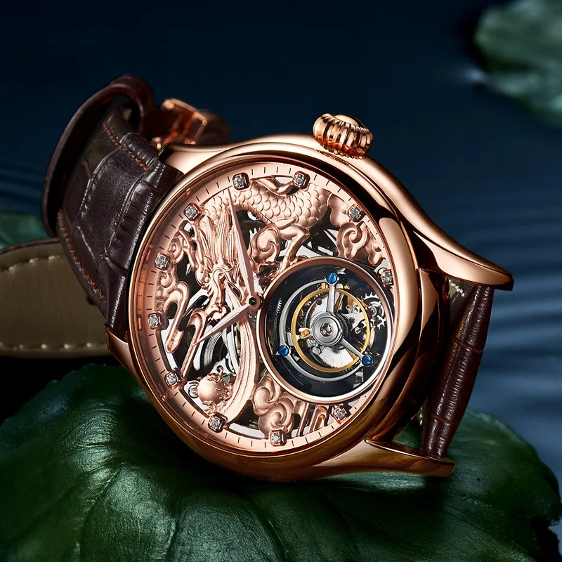 Оригинальные Tourbillon Мужские часы-скелетоны, сапфир, Зодиак, дракон, часы копейка, настоящая Tourbillon, механические мужские спортивные часы