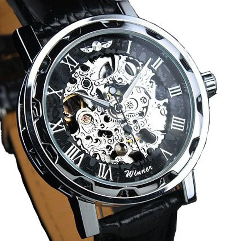 Fashion Winner Black Leather Band Stainless Steel Skeleton Mechanical Watch For Man Gold Mechanical Wrist Watch Luxury Brand 