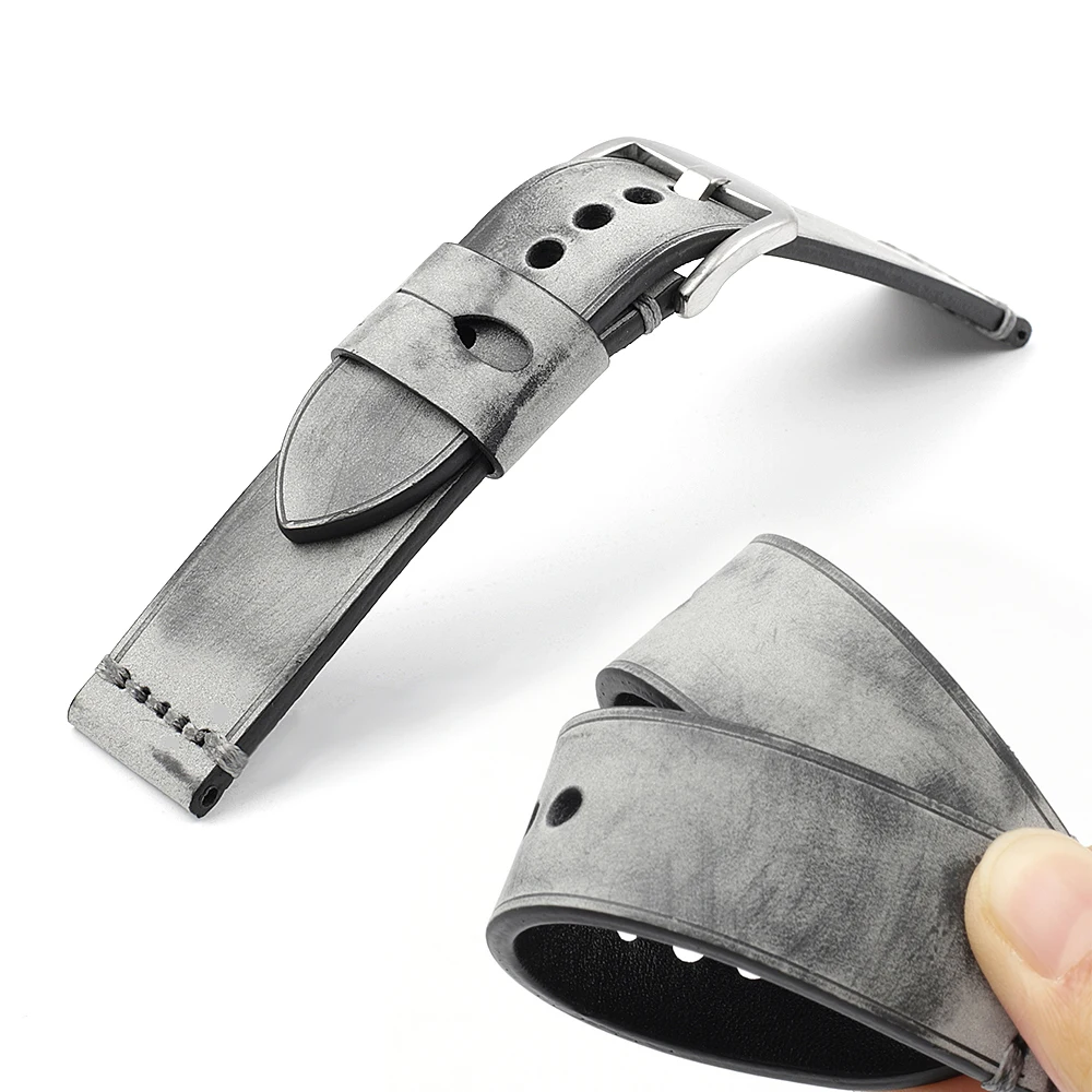 22mm Vintage Matte Polished Leather Watch Strap Handmade Stitching Grey Special Brushed Watchband for Replacement Belt
