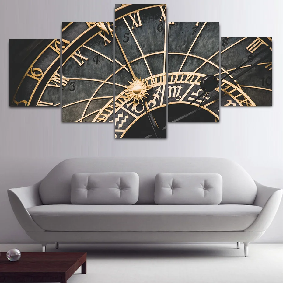 

HD 5 Pcs Clock Modular Posters Prints Retro Canvas Painting On The Wall For Living Room Bedroom Home Decor Art Pictures No Frame