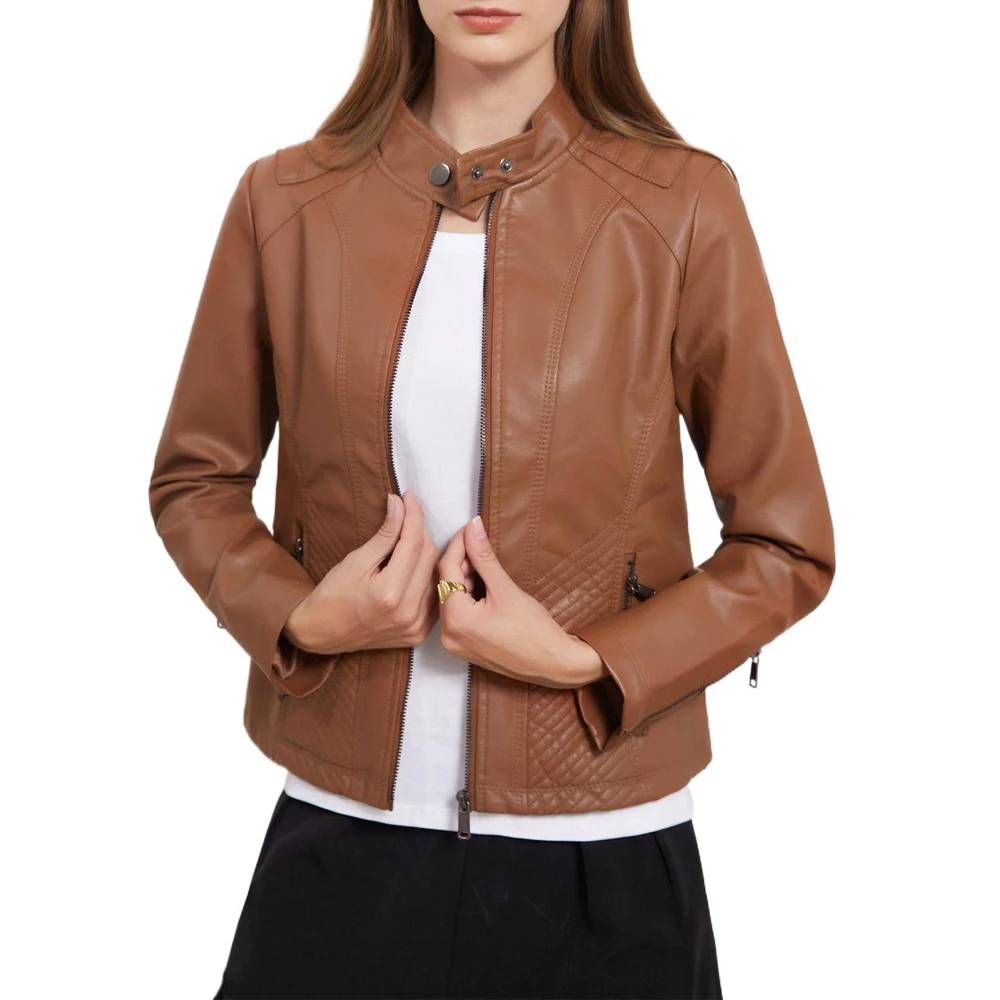 2021 Simple Solid Color Faux Leather Jackets Autumn Slimming Motorcycle