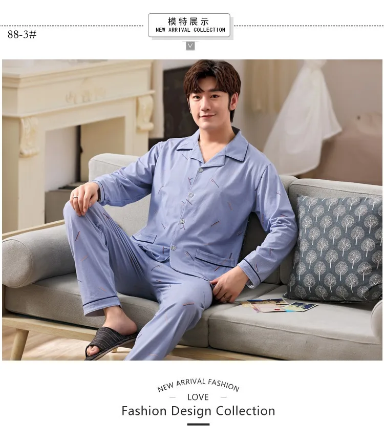 cotton pjs 2020 Autumn Winter Long Sleeve Cotton Pajama Set for Men Korean Soft Sleepwear Suit Pyjama Male Loungewear Homewear Home Clothes mens satin pajama set