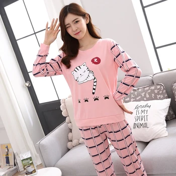 

Casual Plaid Pajama Sets For Women 2020 Autumn Cotton Long Sleeve O-neck Pyjama Girls Cartoon Homewear Lounge Wear Home Clothing