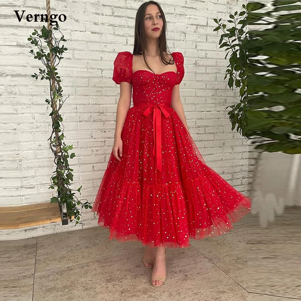 

Красное ТРАПЕЦИЕВИДНОЕ Тюлевое платье Verngo с блестящими звездами, платье для выпускного вечера, вечернее платье до середины икры, с коротким...