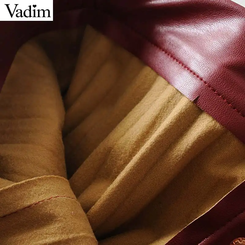 Vadim/Женская шикарная плиссированная пуговица для юбки из искусственной кожи, со складками, в европейском стиле, женские повседневные Модные миди юбки винно-Красного цвета mujer BA807