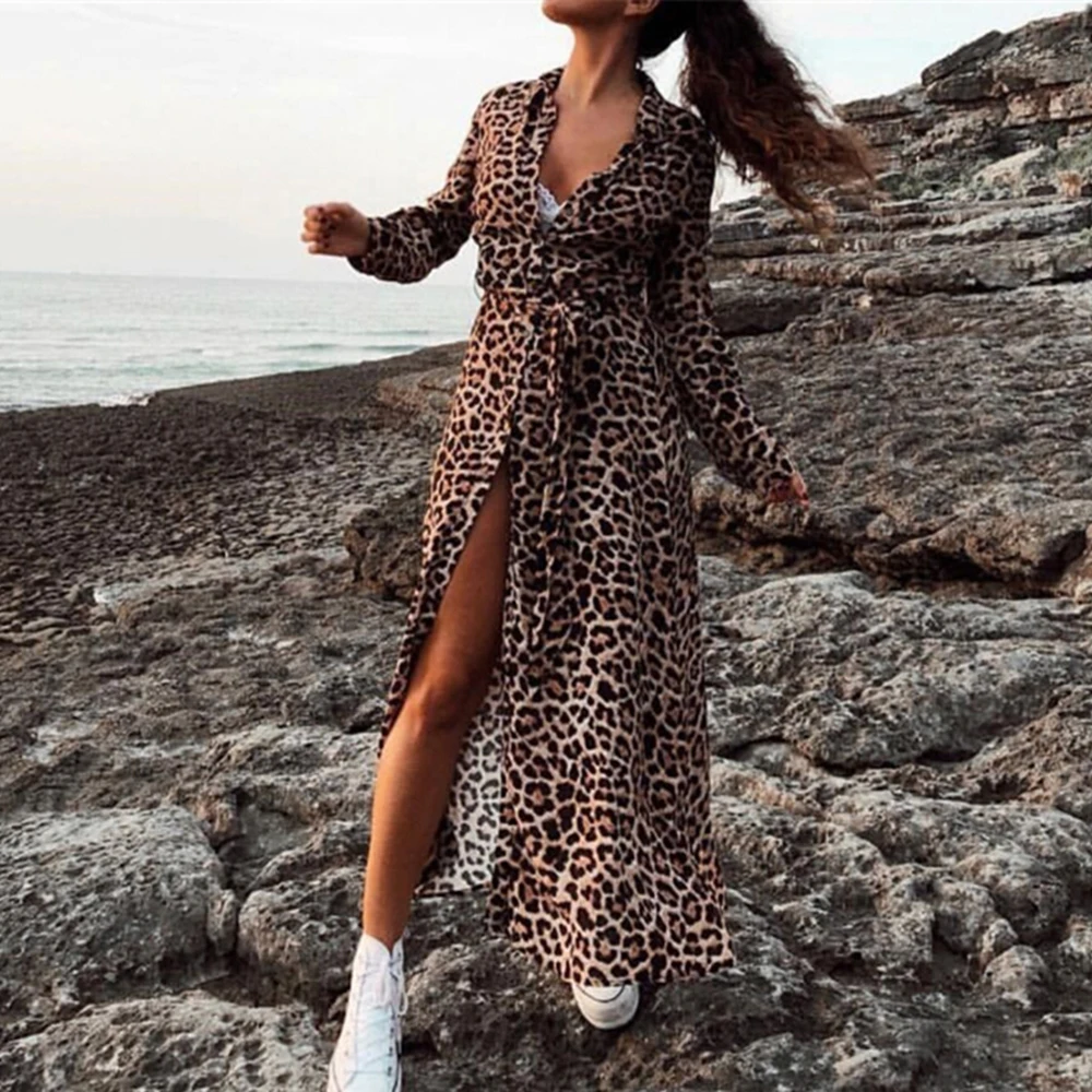 Summer Autumn Long Dresses Women Leopard Beachwear Lightweight Beach Chiffon Dress Casual Long Sleeve V Neck Elegant Party Dress