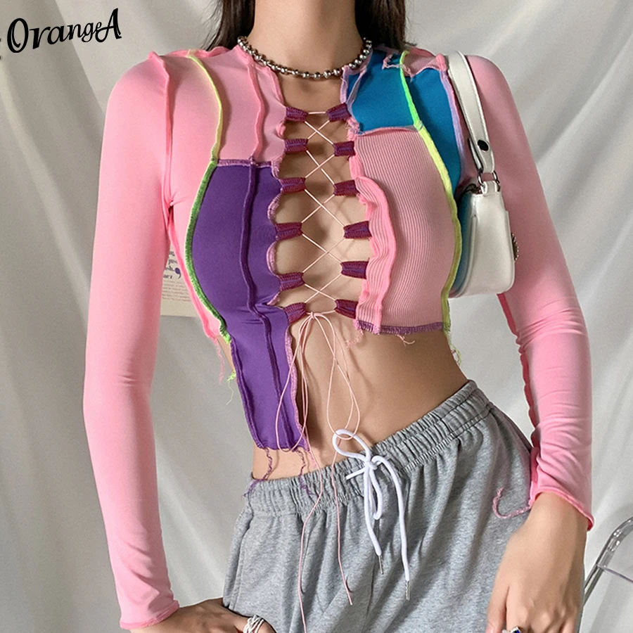

OrangeA Sexy Women Hollow Out Striped Patchwork Top Long Sleeve Stretchy Bandage Asymmetry Party Clubwear Hot Street T Shirt