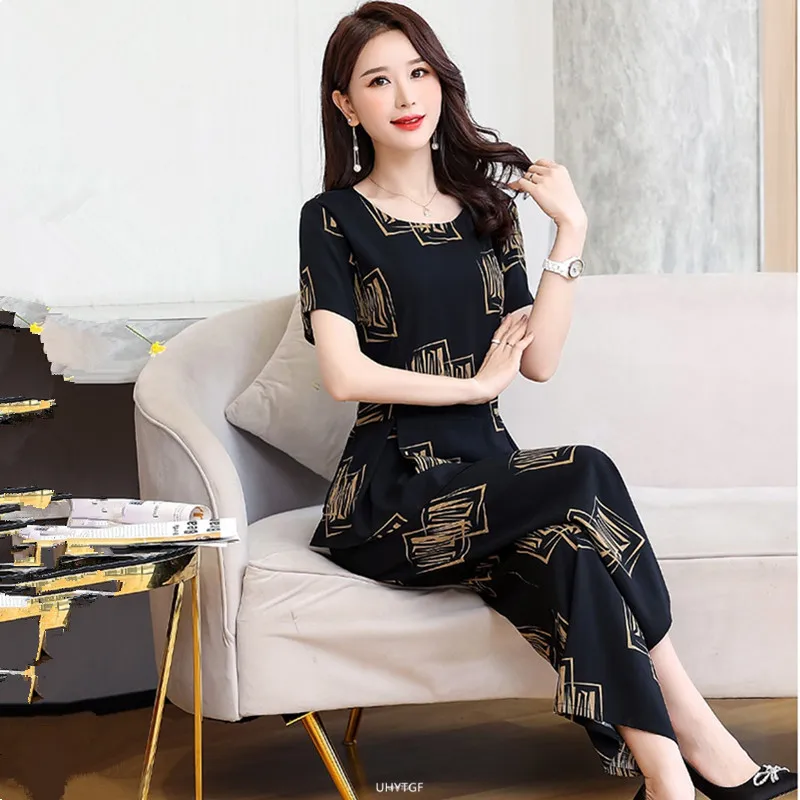 UHYTGF Cotton Silk 2 Pieces Sets Women's Summer Suit Fashion 5XL Loose Size Thin Two-Piece Sets Short Tops+Pants Tracksuit 1427