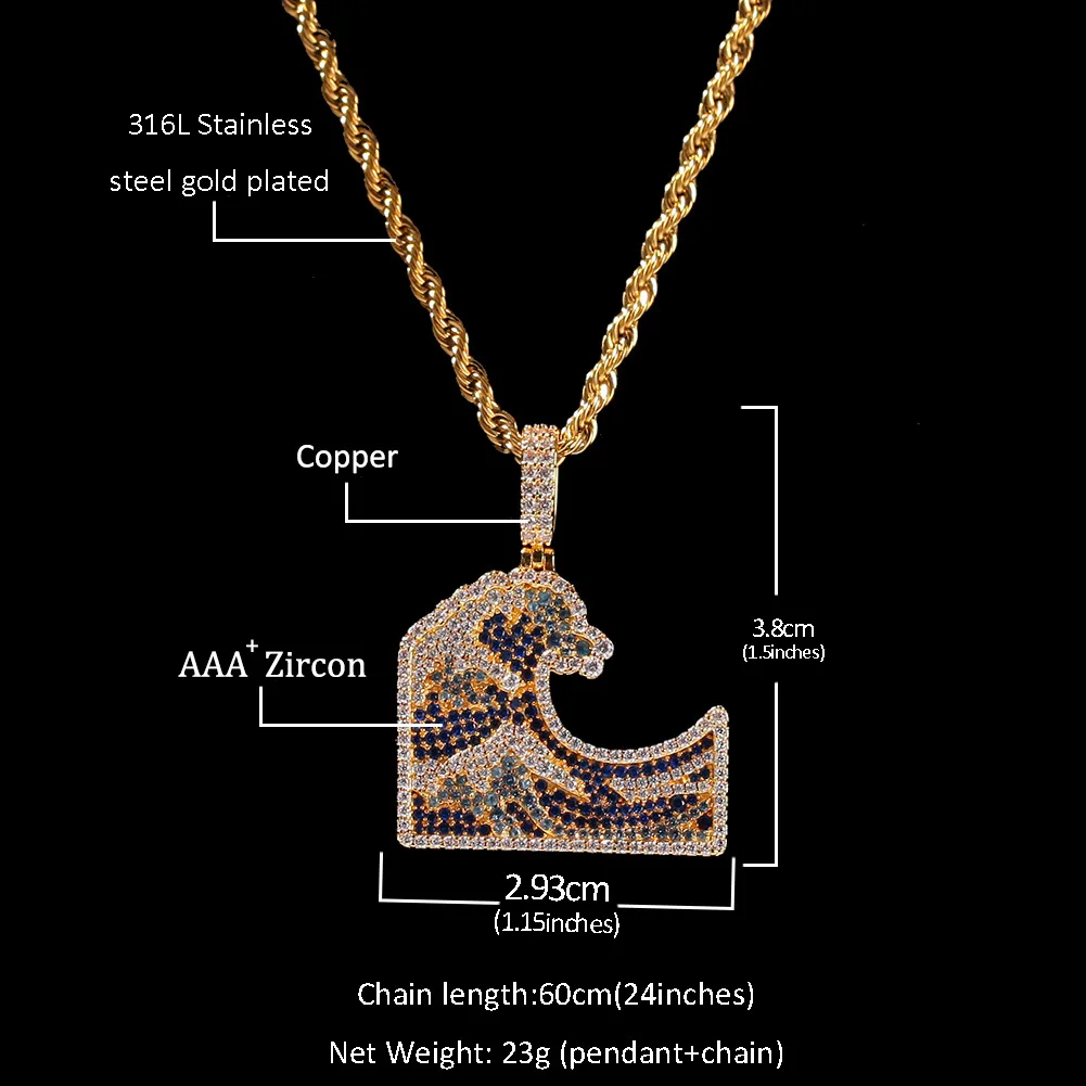 AliExpress стиль Micro Pave Цирконий волна канагава Цвет Циркон брызги кулон Топ Класс аксессуары в стиле хип-хоп