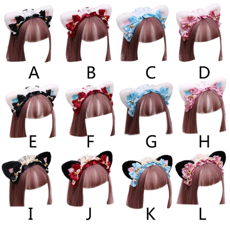 

Anime Lolita Cosplay Animal Headband Cute Plush Cat Ears Ruffled Lace Ribbon Bowknot Bell Hair Hoop Masquerade Headpiece