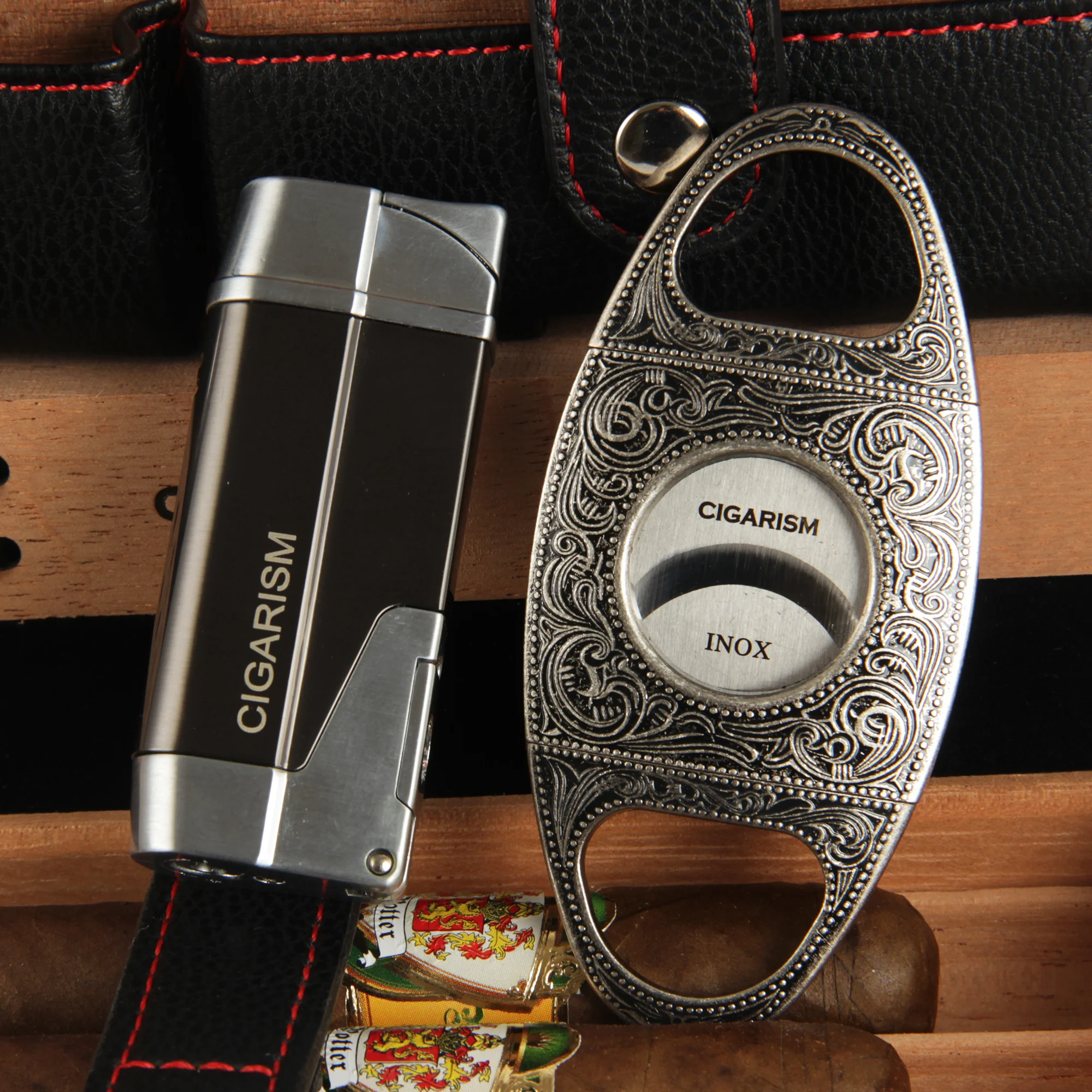 CIGARISM Cedar выстроились чехол для сигар путешествия Humidor W/Cutter зажигалка набор 4 шт.(черный