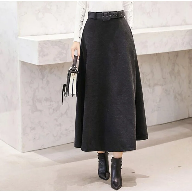 Autumn Winter Women's Woolen Maxi Skirts With Belt Pockets Vintage Wool Skirt Ladies Fashion Casual Khaki Streetwear Female