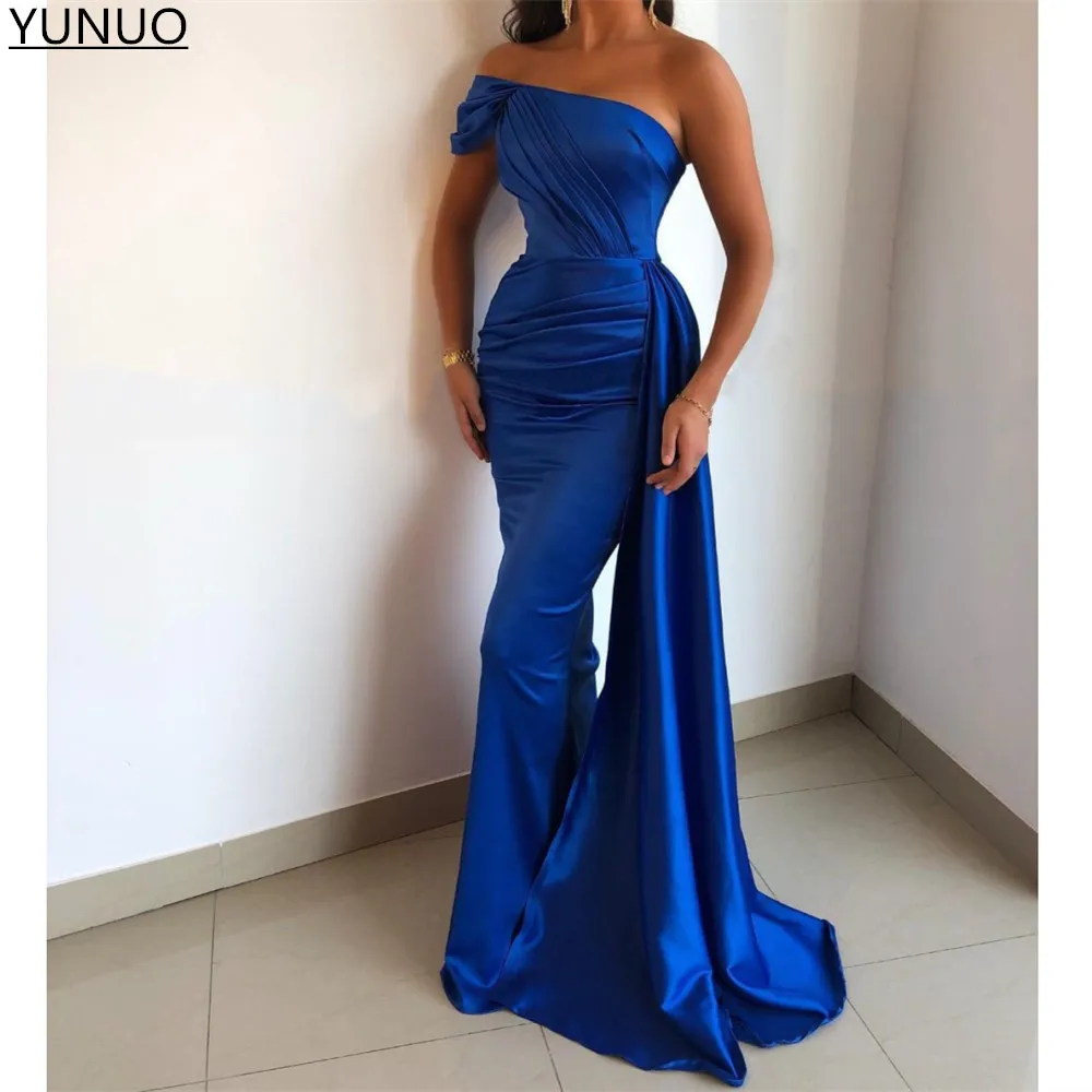YUNUO Royal Blue robes de soirée Evening Dresses with Draped فساتين السهرة Elegant One Shoulder Prom Formal Gowns Women Party long sleeve formal dresses & gowns Evening Dresses