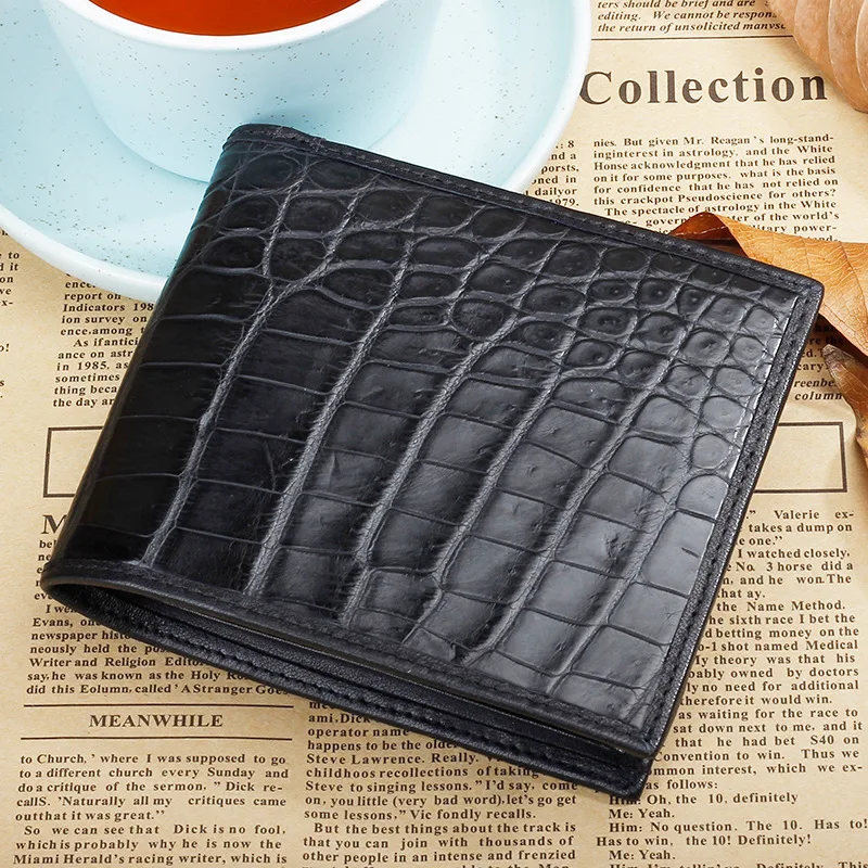Cartera plegable corta clásica de piel de cocodrilo auténtica para