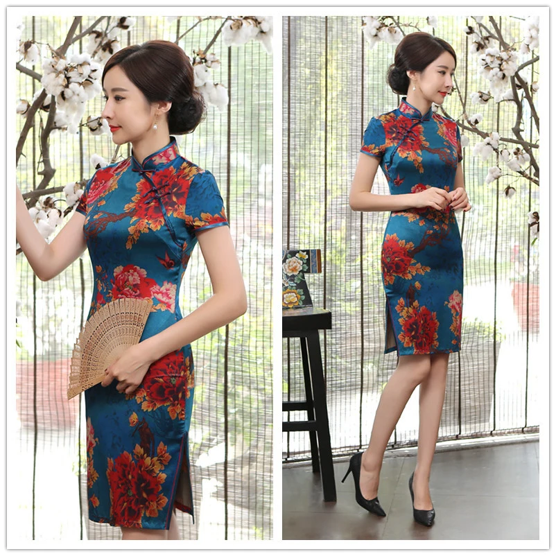 Новые китайские традиционные костюмы Cheongsam женское атласное облегающее платье короткий рукав тонкий qipao печати Сплит соблазнительное кимоно женское платье