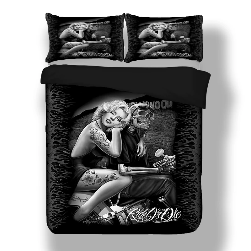 Сексуальный набор постельного белья Мэрилин Монро 3D череп мотоцикл пододеяльник наволочка 3 шт двойной Королева Король Размер Черный постельное белье