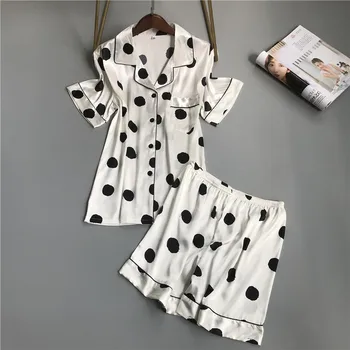 

Summer Women Ice Silk Sleepwear Thin Section Short Sleeve Sexy Wave Point Princess Style Imitation Silk Pajamas Home Wear Халат