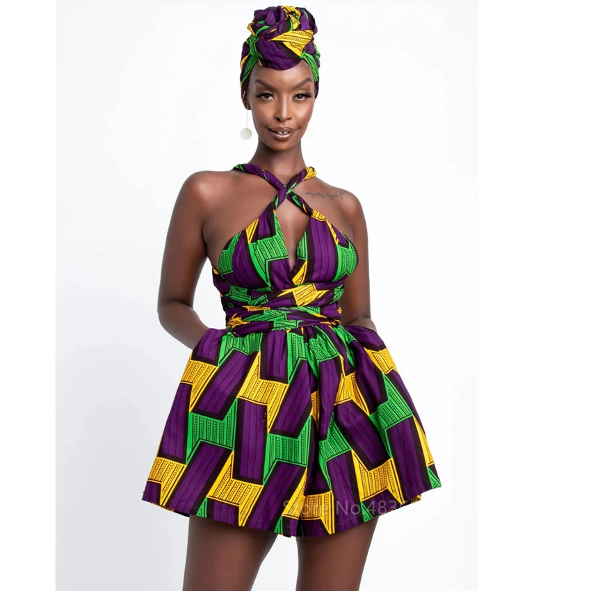 Fashion Women African Clothes Dashiki Summer DIY Lace Up Jumpsuit Short Pants Wide Leg African Dresses Ladies Plus Size Clothing
