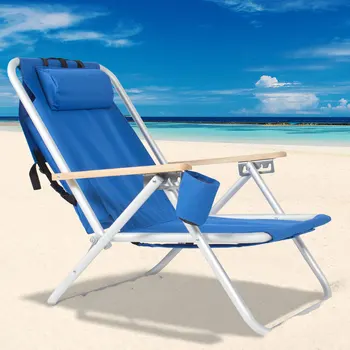 

Portable High Strength Beach Chair Adjustable Headrest Blue Recliner Chair Loungers Chairs BY U.S. Warehouse