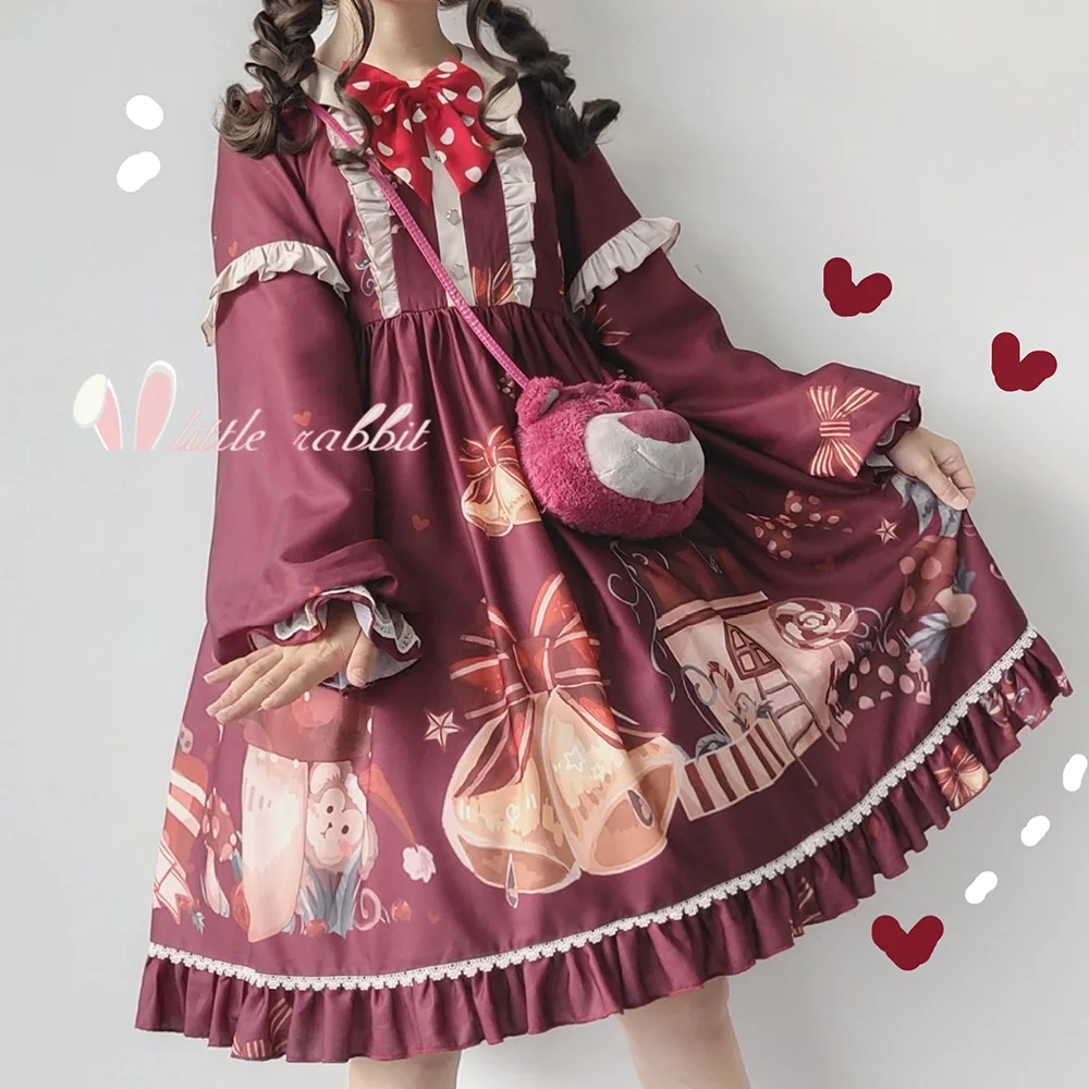 

Vintage Sweet Lolita Christmas Party Pattern OP Princess Dress Kawaii Bows Flowers Doll Collar Long Sleeve Ruffles Dress